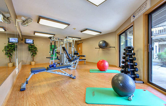 fitness room with exercise balls, yoga mat, and exercise equipment