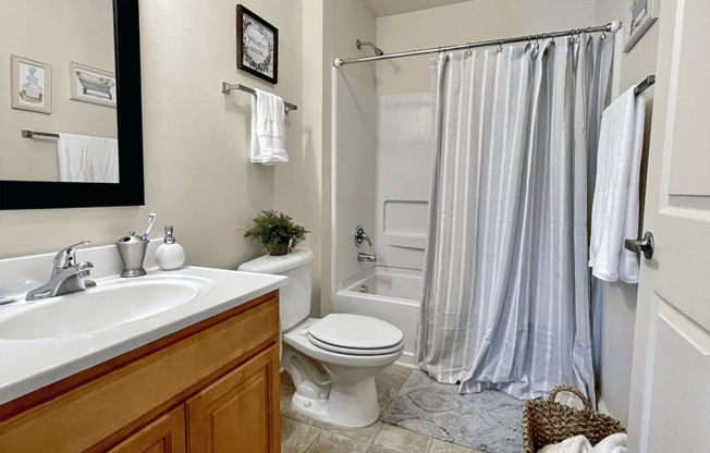 full bathroom with tub and under the sink storage