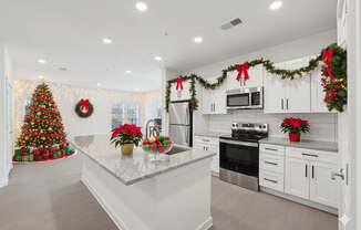 A kitchen decorated for Christmas with a tree, wreaths, and garlands.