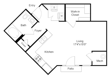 Studio, 1 bath, 638 sqft, $1,523