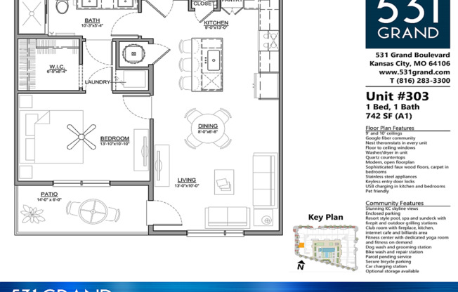 1 bed, 1 bath, 742 sqft, $1,599, Unit 303