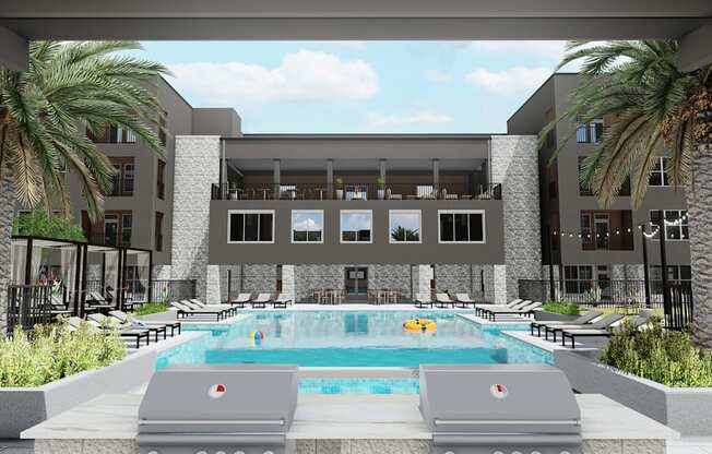 A modern building with a pool in front at Refinery at Pointe17 Apartments, Phoenix, AZ