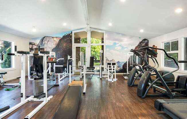 a home gym with exercise equipment and a mural on the wall