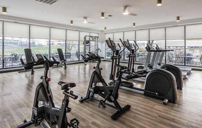 A gym with a row of treadmills and elliptical machines.