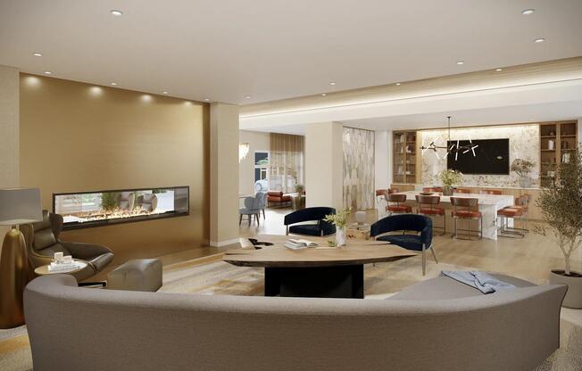 Sophisticated and spacious, the resident lounge at Modera Liberty Row offers elegant seating and dining areas for gatherings in Charlotte.