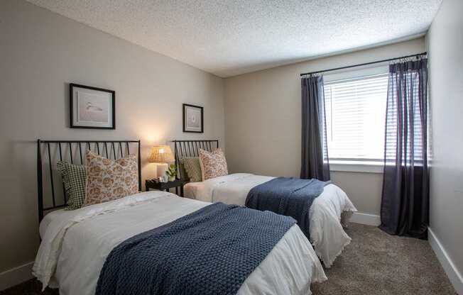 Two twin beds with blue and white bedspreads in a room with two wall lamps.