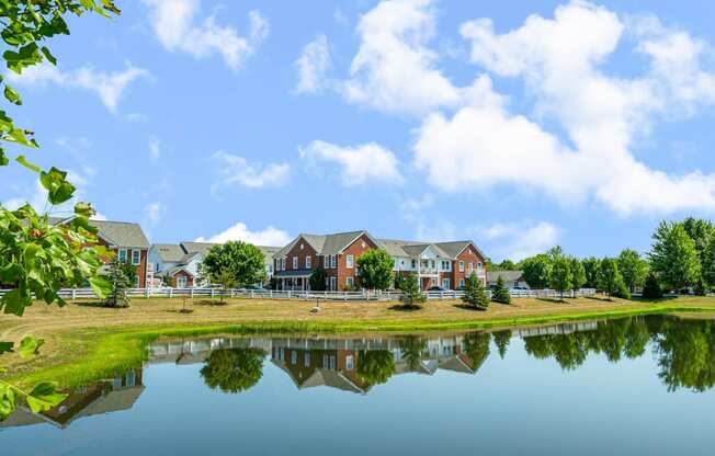 the view of a building reflected in a pond