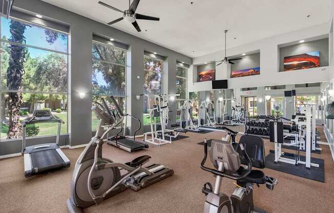 A gym with treadmills, elliptical machines, and other exercise equipment.