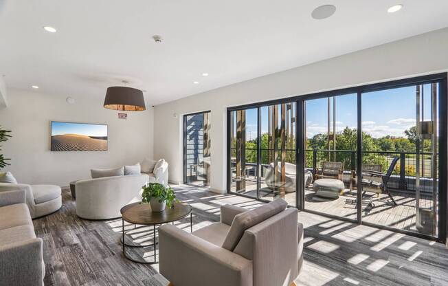 Gorgeous living room with attached patio at Park77 Apartments, Cambridge, Massachusetts, 02138