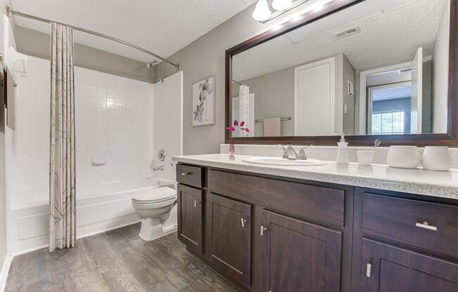A bathroom with a toilet, sink, and mirror.