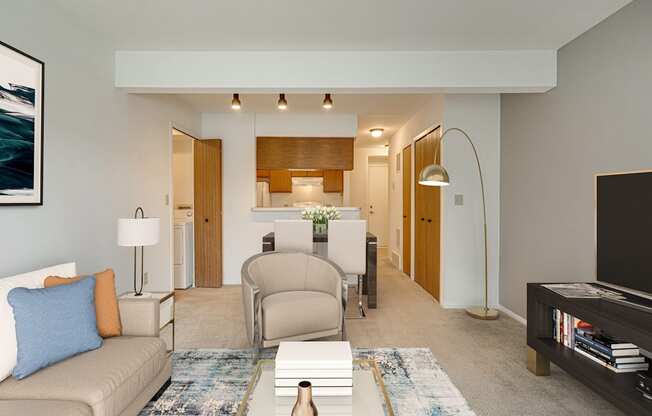 Muscari Model Living Room at Portsmouth Apartments, Novi