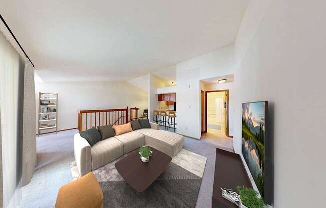 A living room with a couch, a coffee table, and a television.