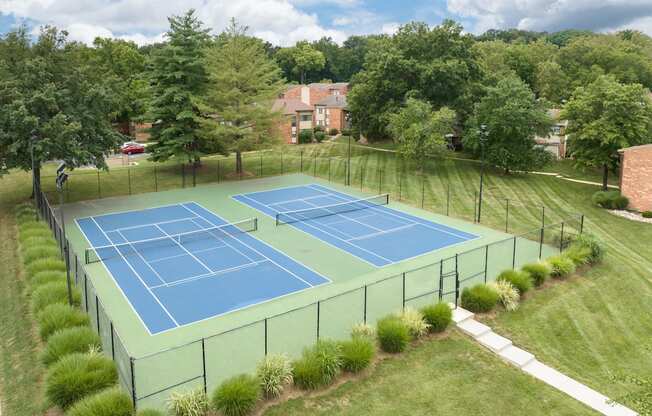 A tennis court surrounded by greenery and a white pathway.