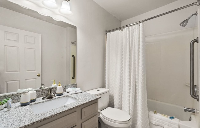 a bathroom with a shower toilet and sink and a mirror