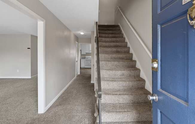 a staircase with a blue door in a house with carpeted stairs