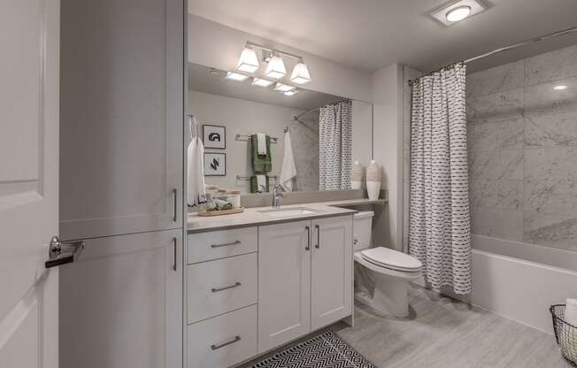 Lux Apartments Bellevue bathroom with inset sink in quartz countertops and ample storage including a below sink cabinets and a linen closet