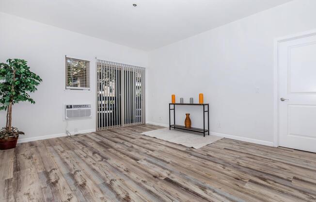 A spacious, well-lit room featuring light wood flooring and white walls. There is a small potted plant in the corner, an air conditioning unit, and a black console table with decorative vases in orange and brown. Vertical blinds cover a window, and a soft area rug is placed on the floor.