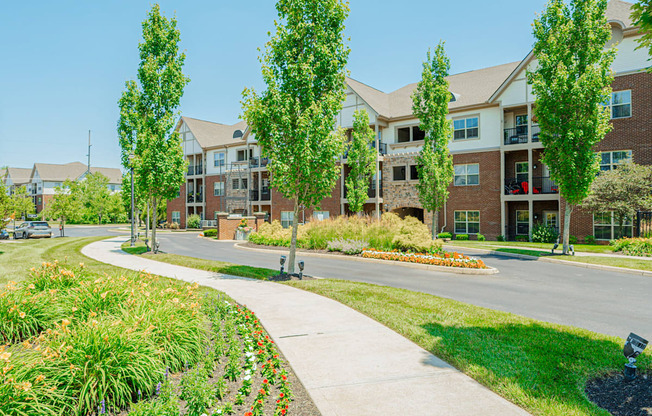 an apartment building on a street with sidewalks and trees
