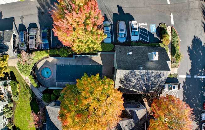 an aerial view of a neighborhood with trees and cars