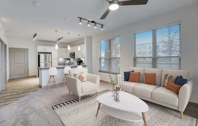 a living room with a couch and a table