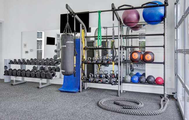 a view of the fitness center with weights and other exercise equipment