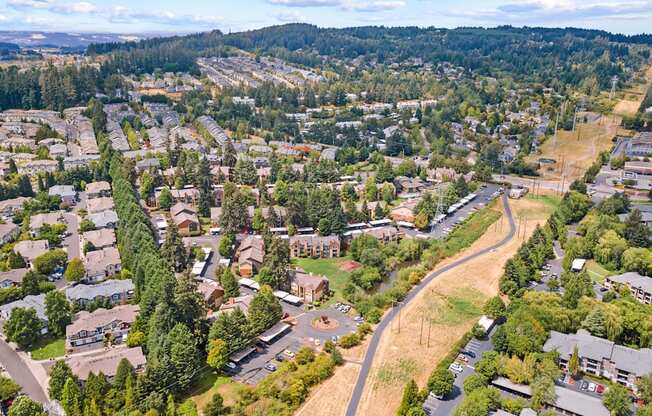 A bird's eye view of a residential area with houses and trees.