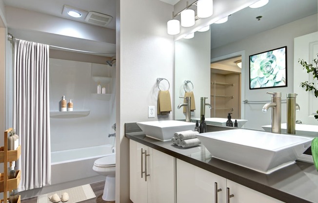 Two-Bedroom Apartments in Seattle, WA - Union Bay - Bathroom with Double Bowl Sinks, Separate Toilet, and Shower