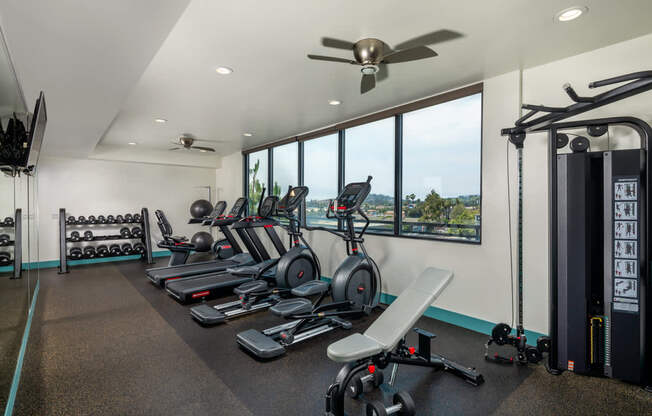 A well-equipped gym with a variety of exercise machines and a large window providing a view of the outdoors.