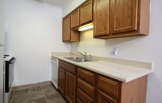 a kitchen with wooden cabinets and a sink