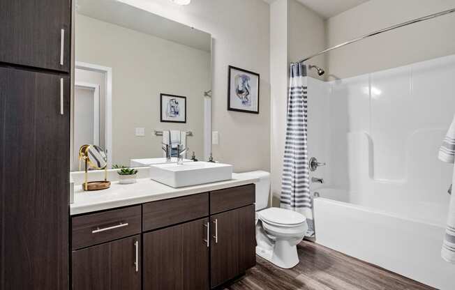 a bathroom with a toilet sink and shower and a mirror  at Aventura at Wentzville, Missouri