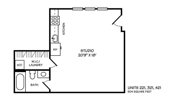 Studio, 1 bath, 504 sqft, $2,495, Unit 421