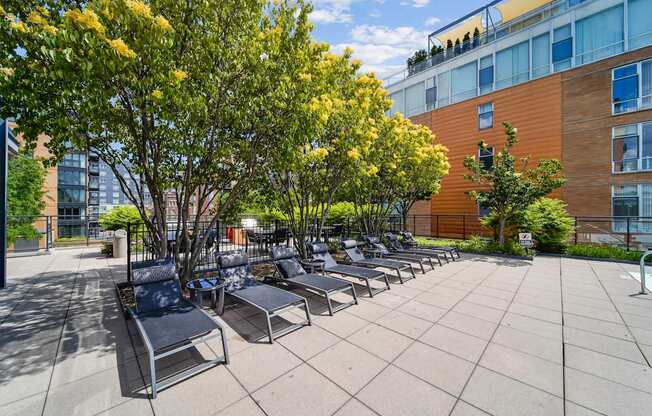 A sunny day at the outdoor seating area of a modern building.