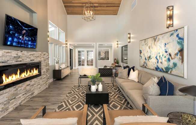 The Alexandar Apartments Clubhouse Seating and Fireplace