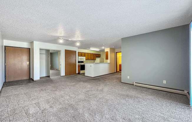 the living room and kitchen of an apartment with a carpeted floor