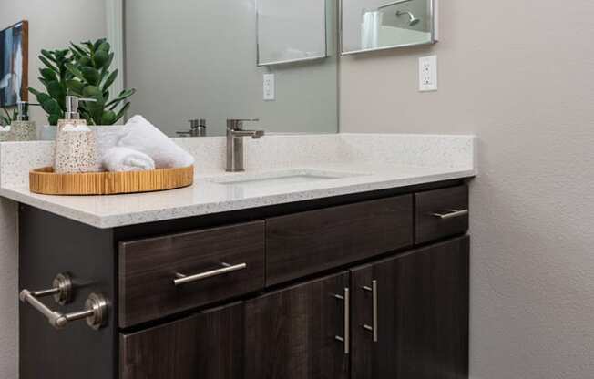 the retreat apartments renovated bathroom with counter top and mirror