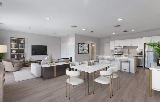 a living room and dining room with a table and chairs