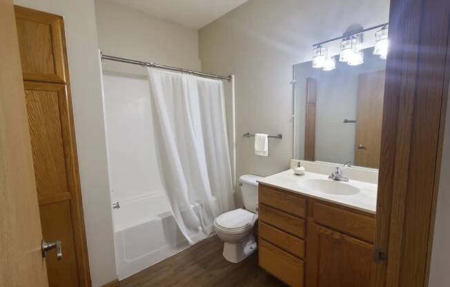 A bathroom with a toilet, sink, and shower.