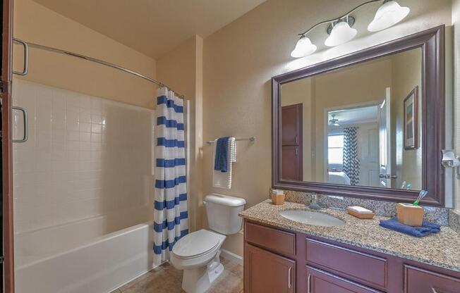 a bathroom with vanity, toilet and shower