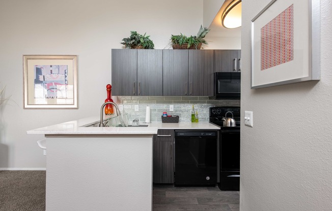 a kitchen with black appliances and a counter top