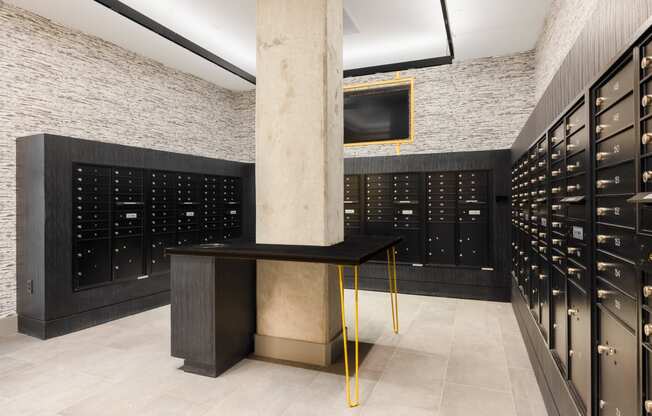 a wine cellar with racks and a table in the middle