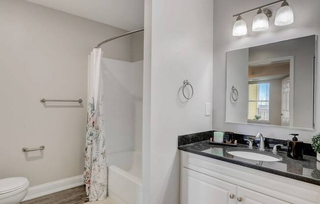 a bathroom with a sink and a shower and a mirror