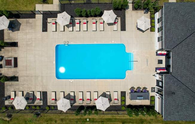 An aerial view of a swimming pool surrounded by lounge chairs and umbrellas.