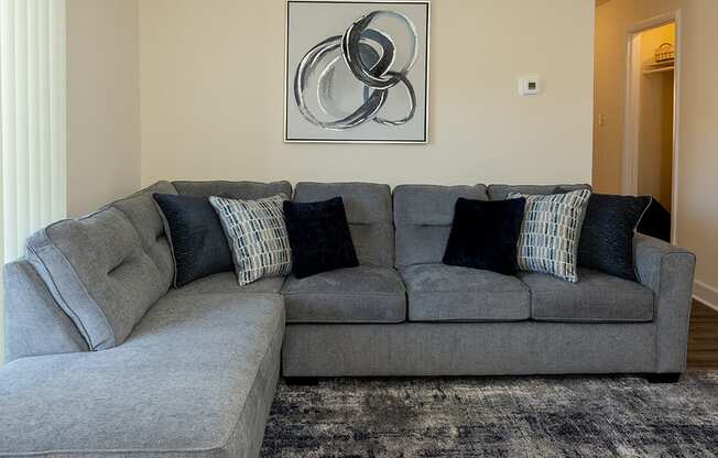 A living room with a couch and area rug