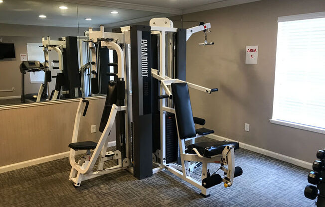 A gym with a mirror, weights, and a Parade brand machine.