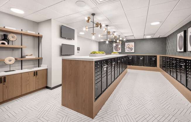 a communal area in a locker room with a row of lockers
