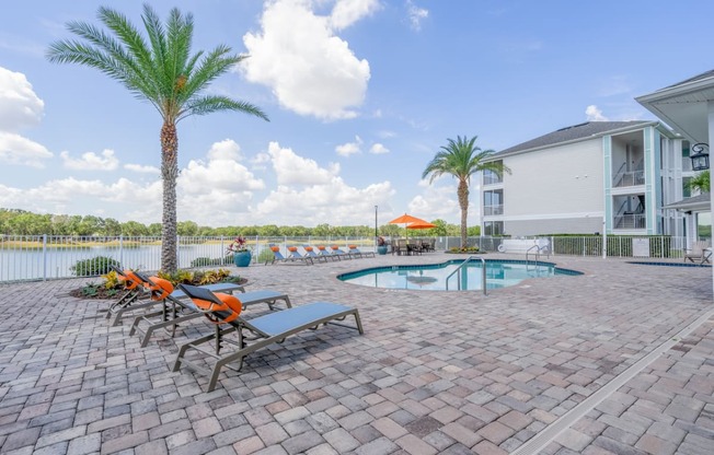 a swimming pool with chairs and palm trees