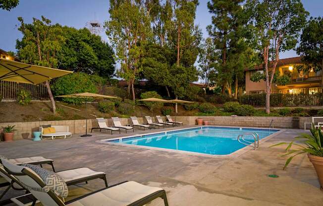 A pool surrounded by trees and chairs.