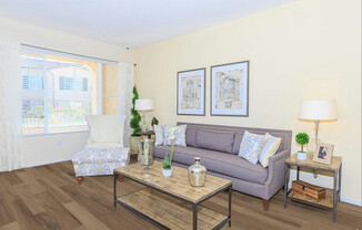 Bright living room with light-colored walls, featuring a gray sofa adorned with decorative pillows, a patterned armchair, and a wooden coffee table. Two framed artworks hang above the sofa, and a small side table with a lamp is nearby. Natural light streams through a large window, illuminating the space.
