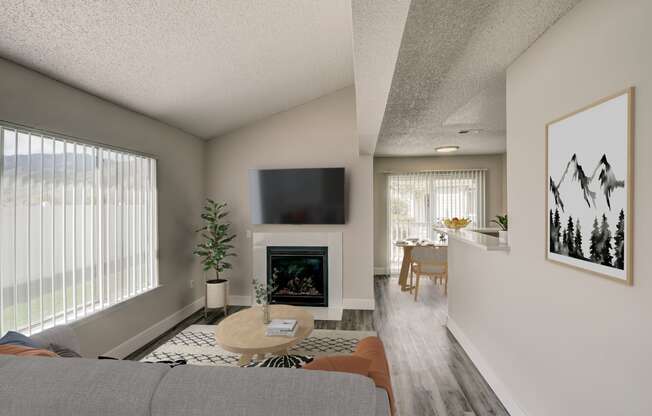 an open living room with a fireplace and a living room and a dining room