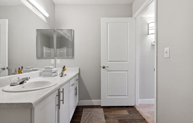 a bathroom with a sink and a mirror